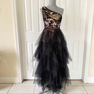 bcbg embroidered one shoulder gown